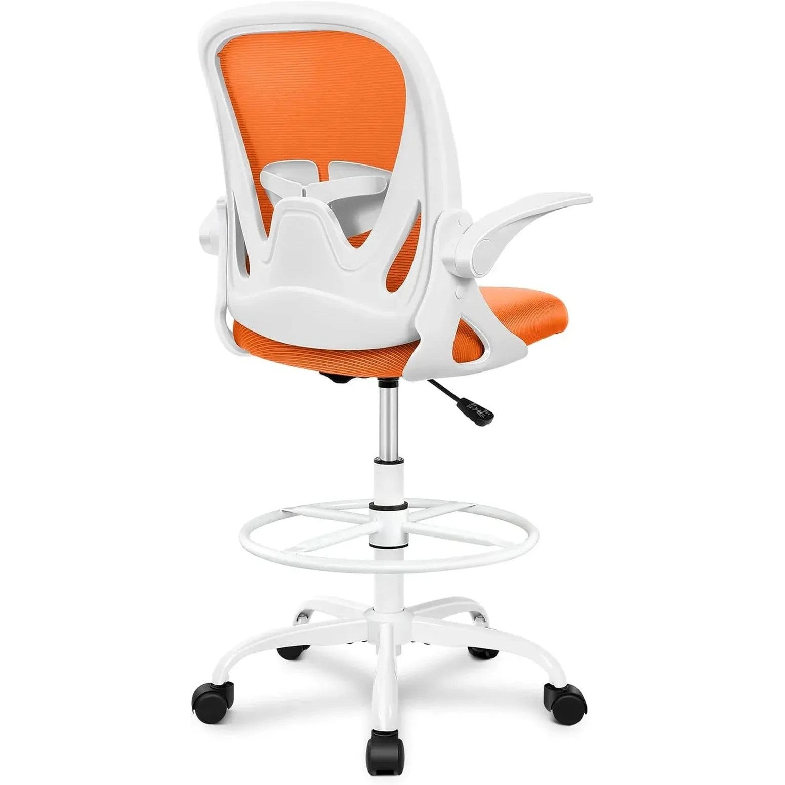 ADS Primy ergonomic drafting chair with dark gray upholstery, adjustable height, flip-up arms, designed for standing desks and bar counters.