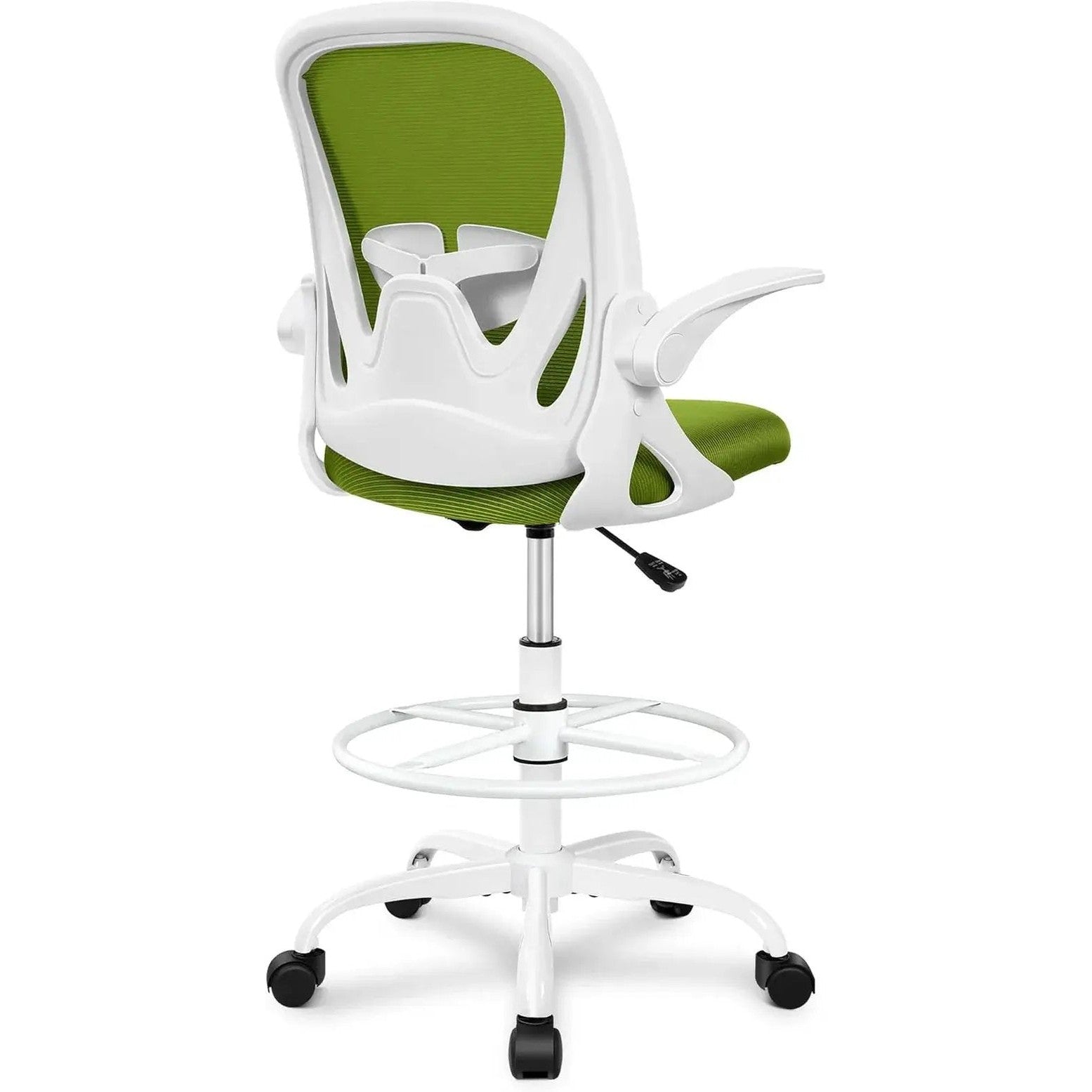 ADS Primy ergonomic drafting chair with dark gray upholstery, adjustable height, flip-up arms, designed for standing desks and bar counters.