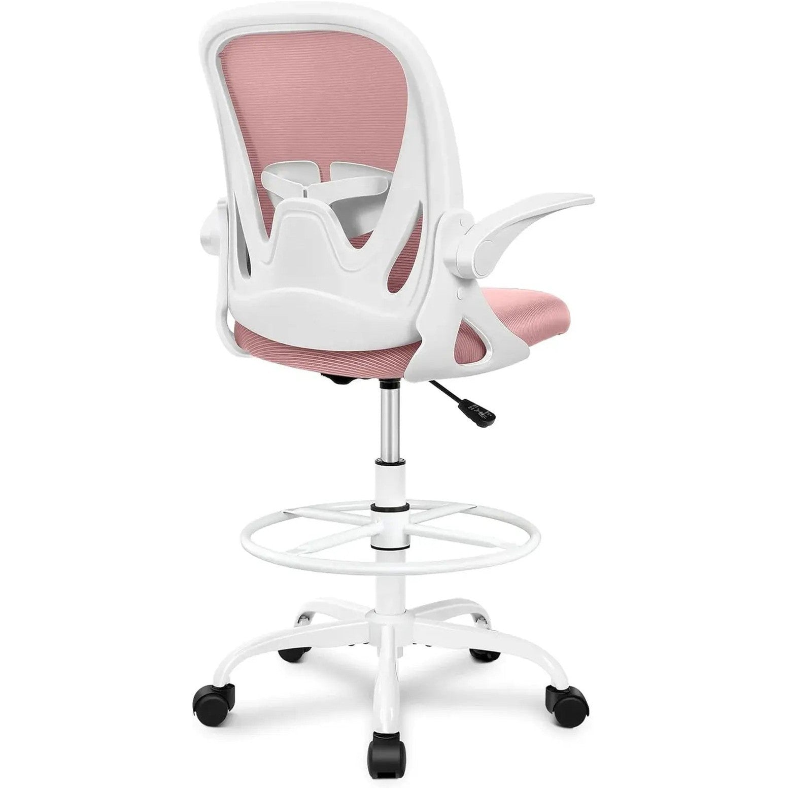 Dark gray ADS Primy ergonomic drafting chair with adjustable height and flip-up arms, suited for standing desks and bar counters.