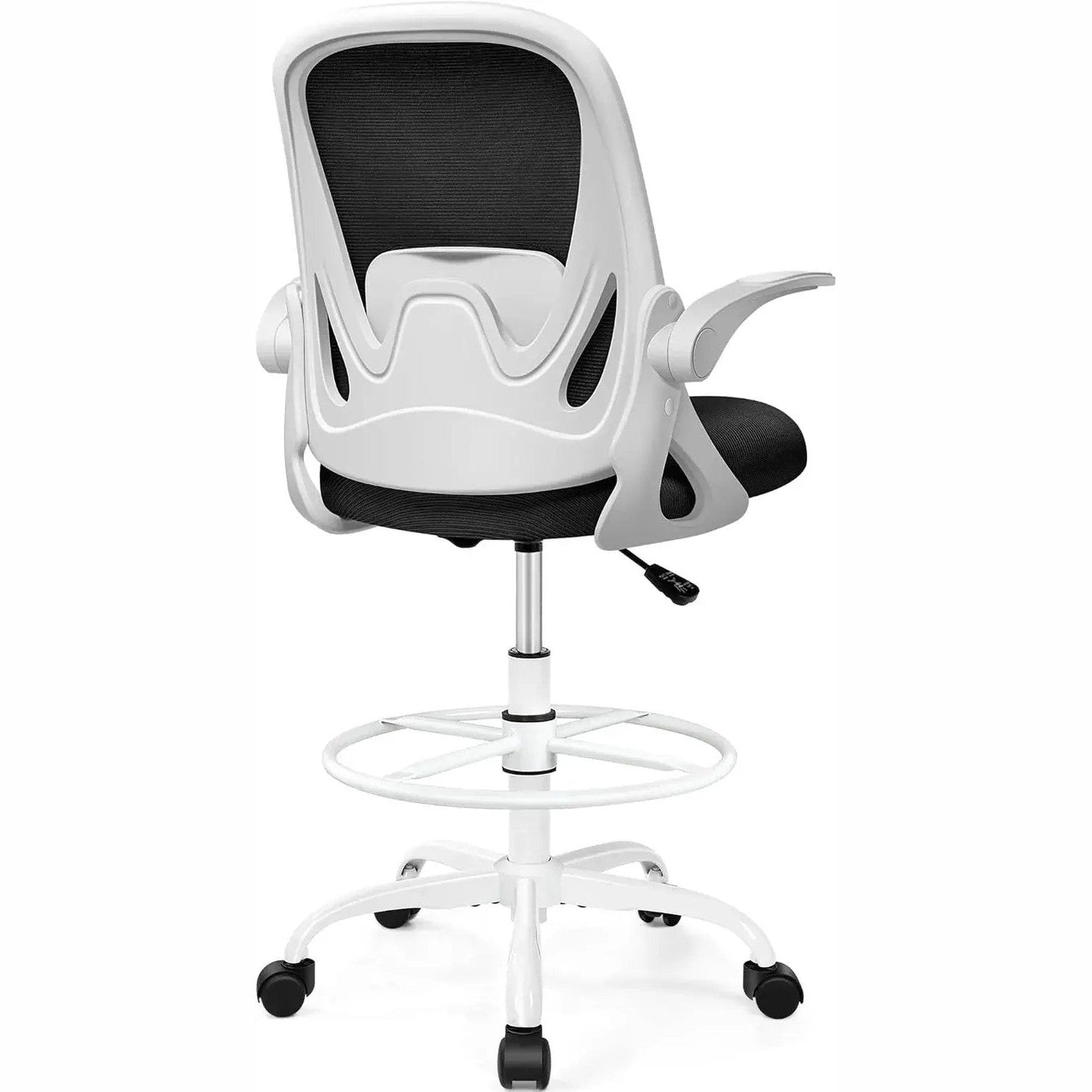 Dark gray ADS Primy ergonomic drafting chair with adjustable height and flip-up arms, designed for standing desks and bar counters.