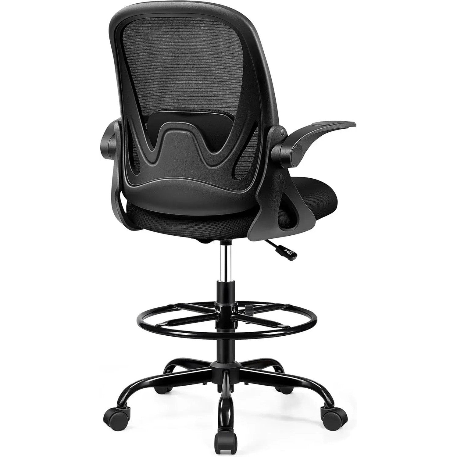 ADS Primy ergonomic drafting chair with dark gray upholstery, adjustable height, flip-up arms, designed for standing desks and bar counters.