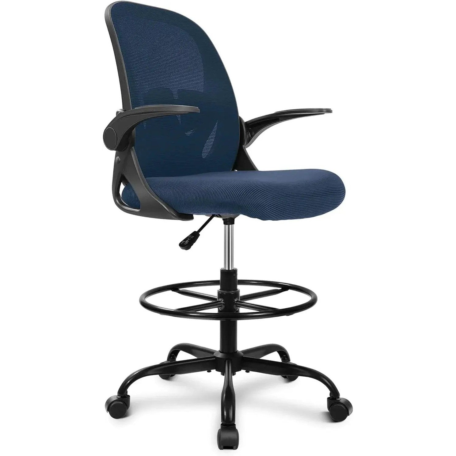 ADS Primy ergonomic drafting chair in dark gray with adjustable height and flip-up arms, suitable for standing desks and bar counters.