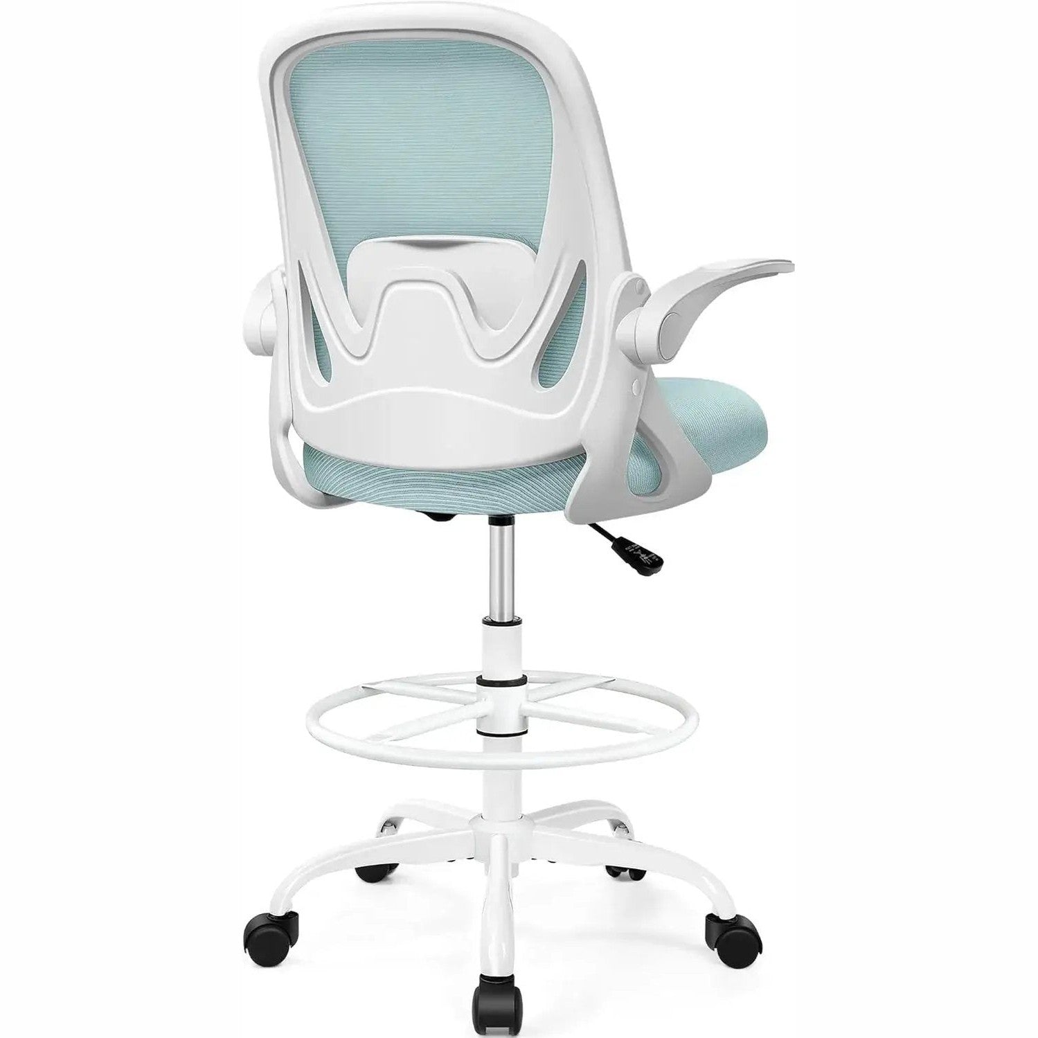 ADS Primy ergonomic drafting chair with dark gray fabric, adjustable height, flip-up arms, designed for standing desks and bar counters.