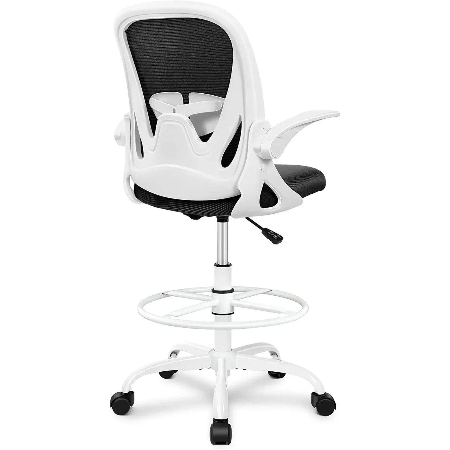 ADS Primy ergonomic drafting chair with dark gray upholstery, adjustable height, and flip-up arms for comfortable standing desk use.