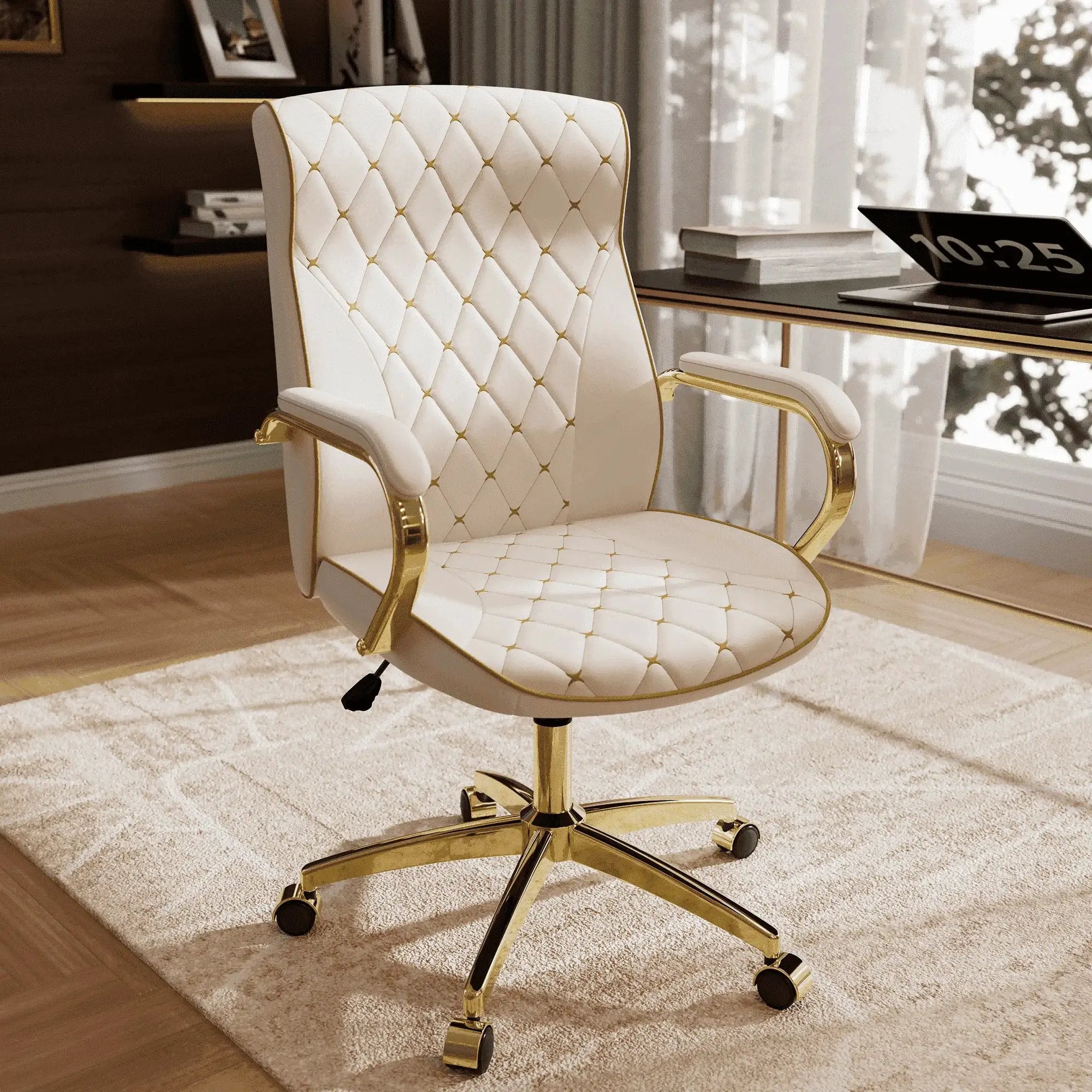 White and gold ergonomic high-back office chair from ADS, designed for home office use with supportive ergonomic features.