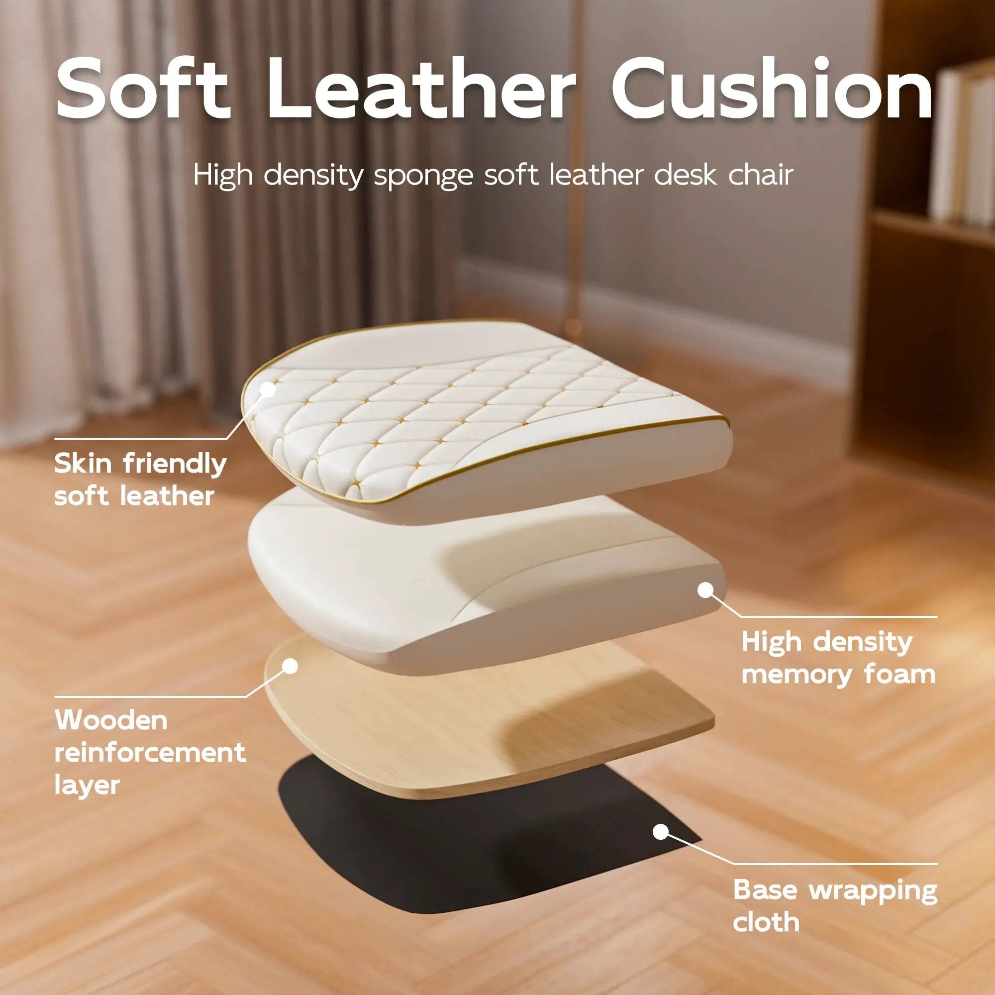 White and gold ADS ergonomic high-back home office chair with cushioned seat and adjustable armrests for comfortable desk work.