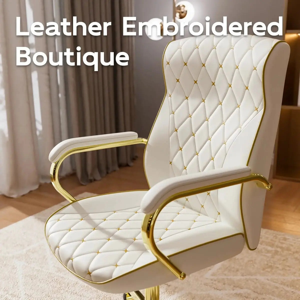 White and gold ergonomic home office chair by ADS with high back support and adjustable features for comfortable desk work.