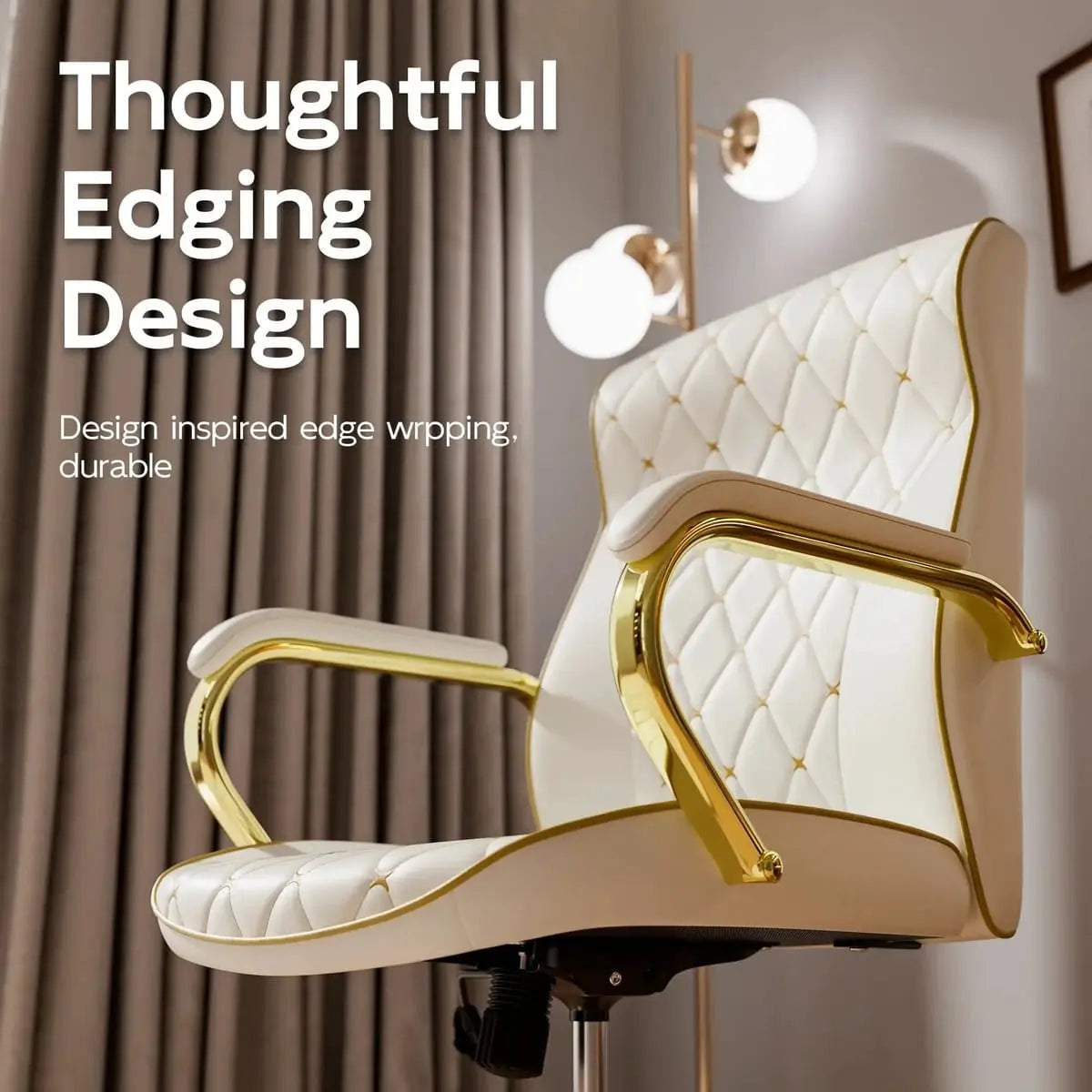 White and gold ergonomic high back office chair by ADS, designed for home office comfort with adjustable features.