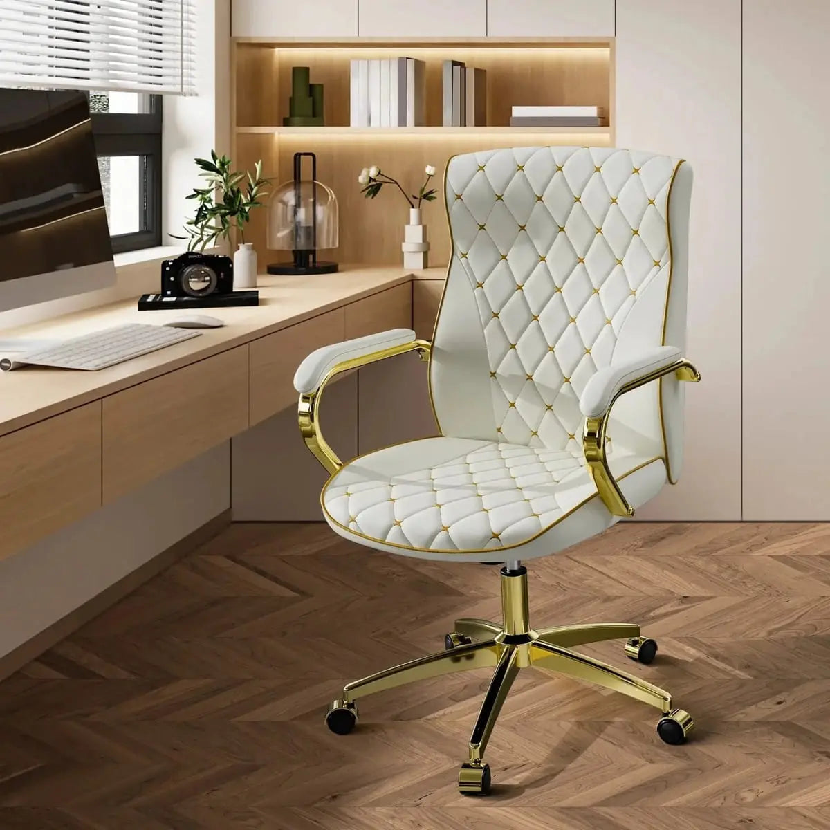 White and gold ergonomic home office chair by ADS with high back support and adjustable features for comfortable desk work.