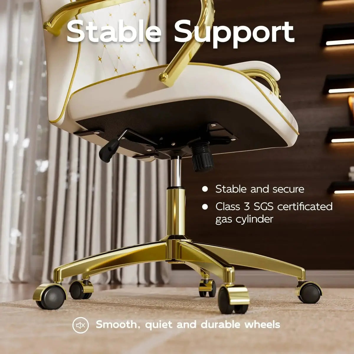 White and gold ergonomic home office chair by ADS with high back and adjustable features for comfortable desk work.