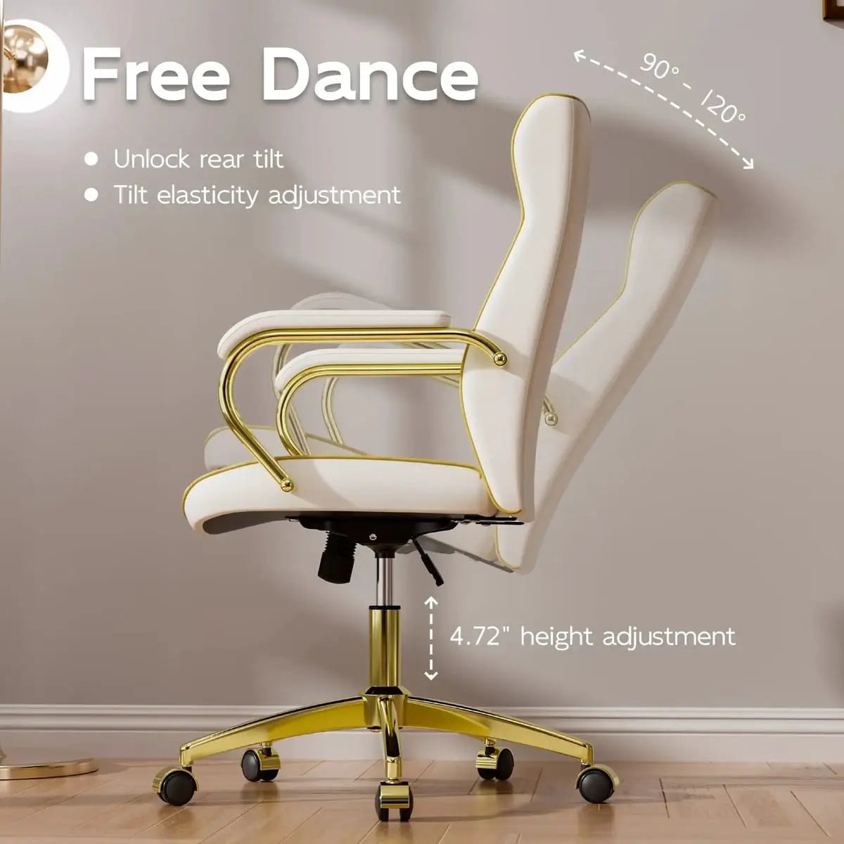 White and gold ADS ergonomic high-back home office chair with cushioned seat and adjustable armrests for comfortable desk work.