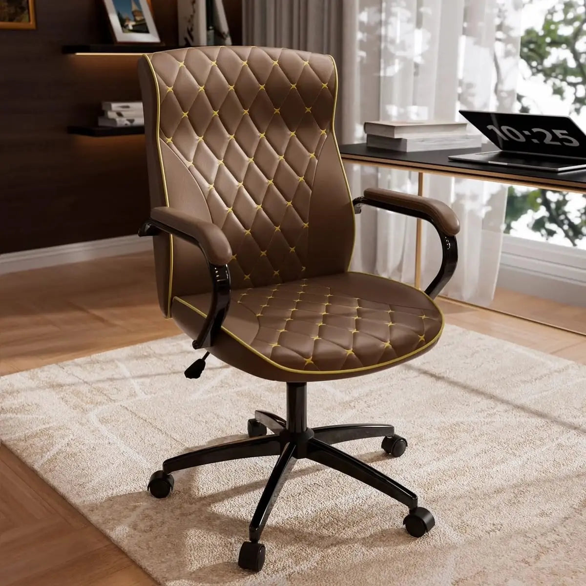 White and gold ADS ergonomic high-back home office chair with padded seat and adjustable armrests for comfort.