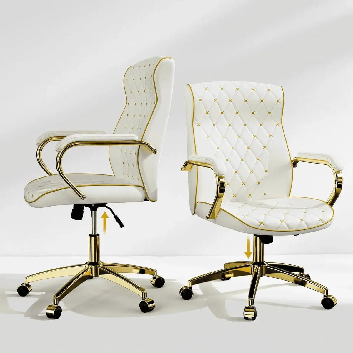 White and gold ADS home office chair with ergonomic high back and adjustable armrests for comfortable desk work.