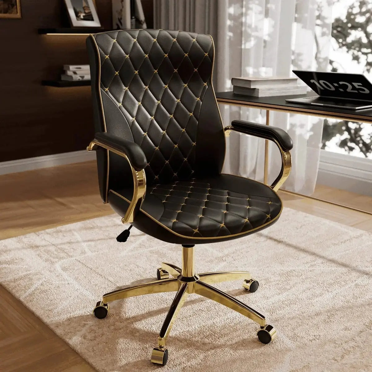 White and gold ADS ergonomic high-back home office chair with padded armrests and adjustable height for comfortable desk work.