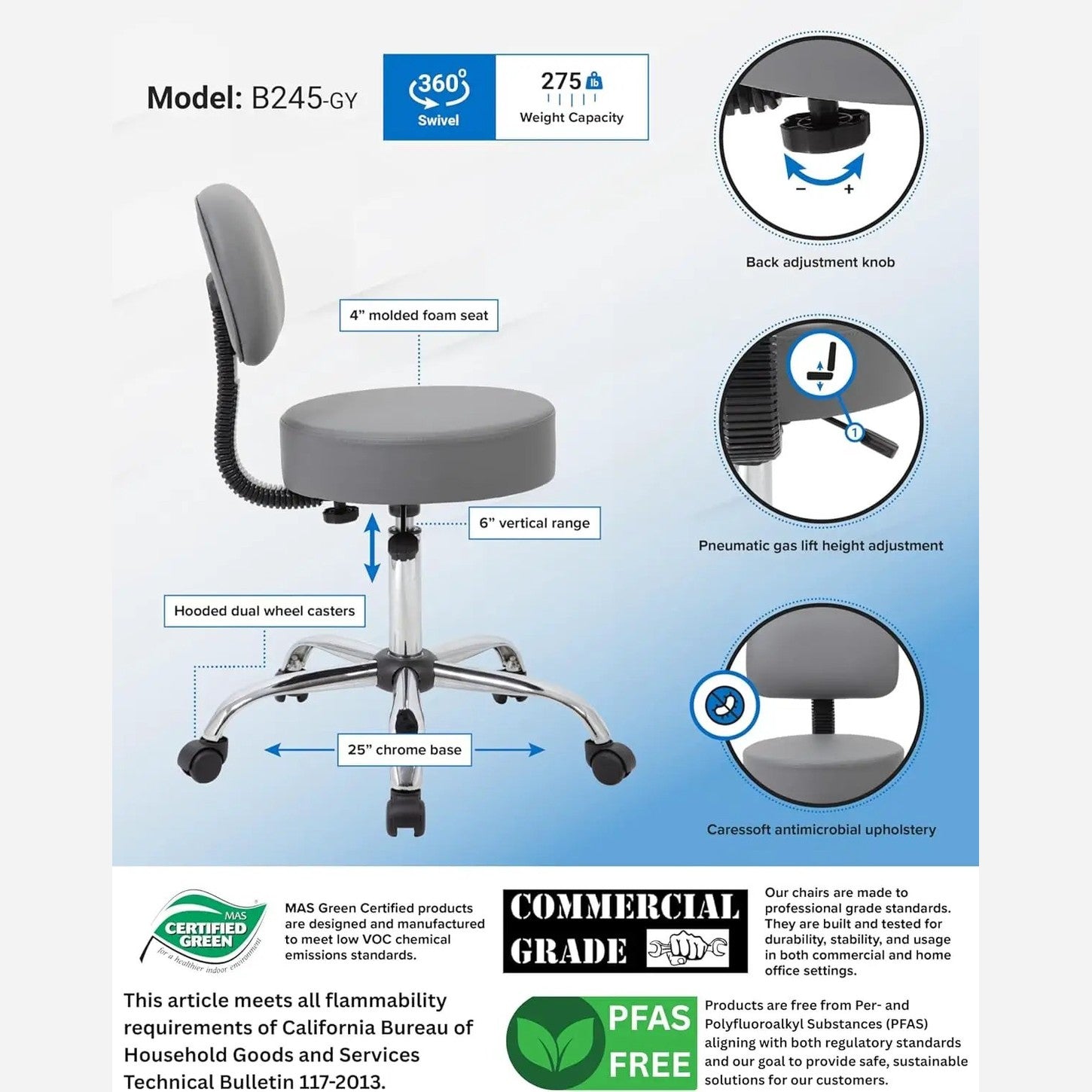 Grey ADS ergonomic drafting stool with back support, adjustable gas lift, swivel seat, and rolling casters for office use.