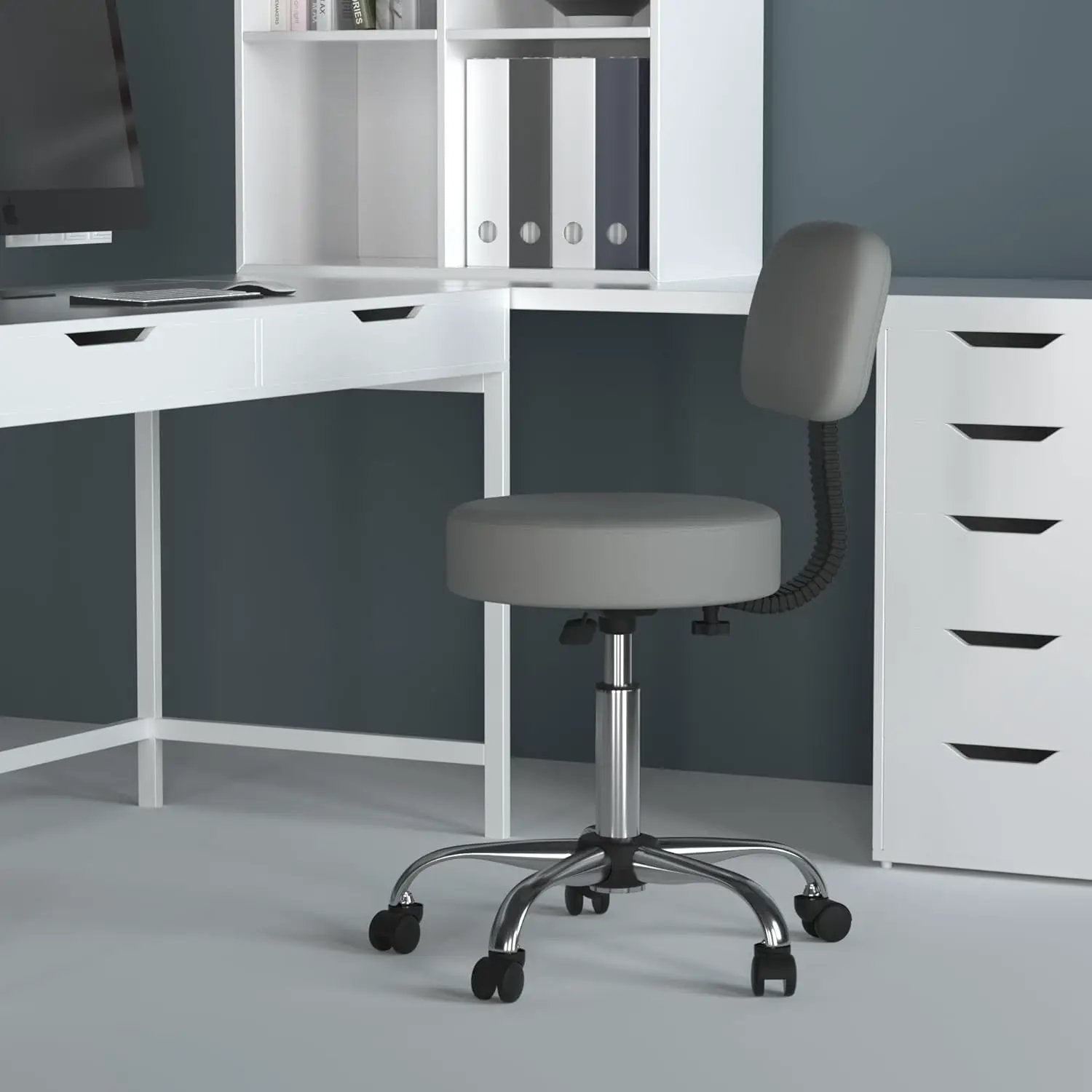 Grey ADS ergonomic drafting stool with back cushion, adjustable gas lift, swivel, rolling casters, and ergonomic office seating features.