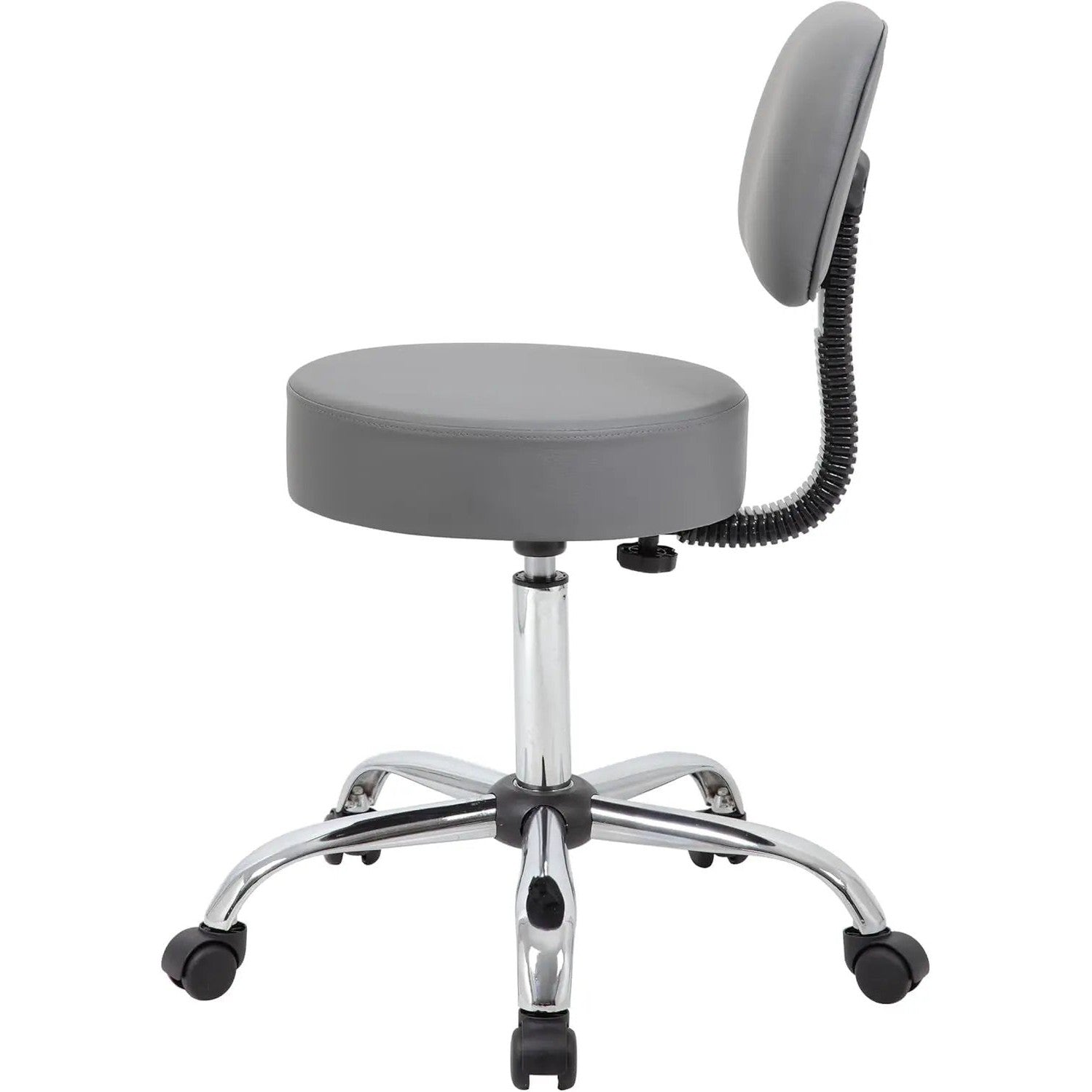 Grey ADS ergonomic drafting stool with back support, adjustable gas lift, swivel, rolling casters, and cushioned seat for office use.