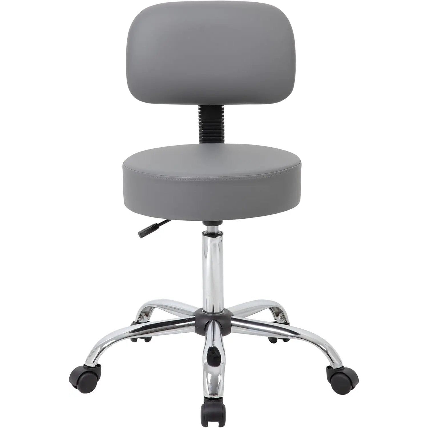 Grey ADS ergonomic drafting stool with back support, adjustable gas lift, swivel seat, and rolling casters for office comfort.