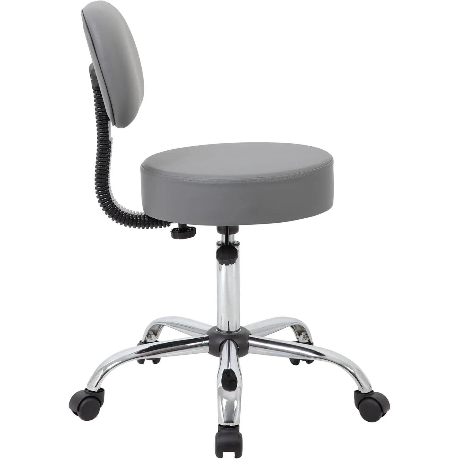 Grey ADS ergonomic drafting stool with back support, adjustable gas lift, swivel seat, and rolling casters for office comfort.