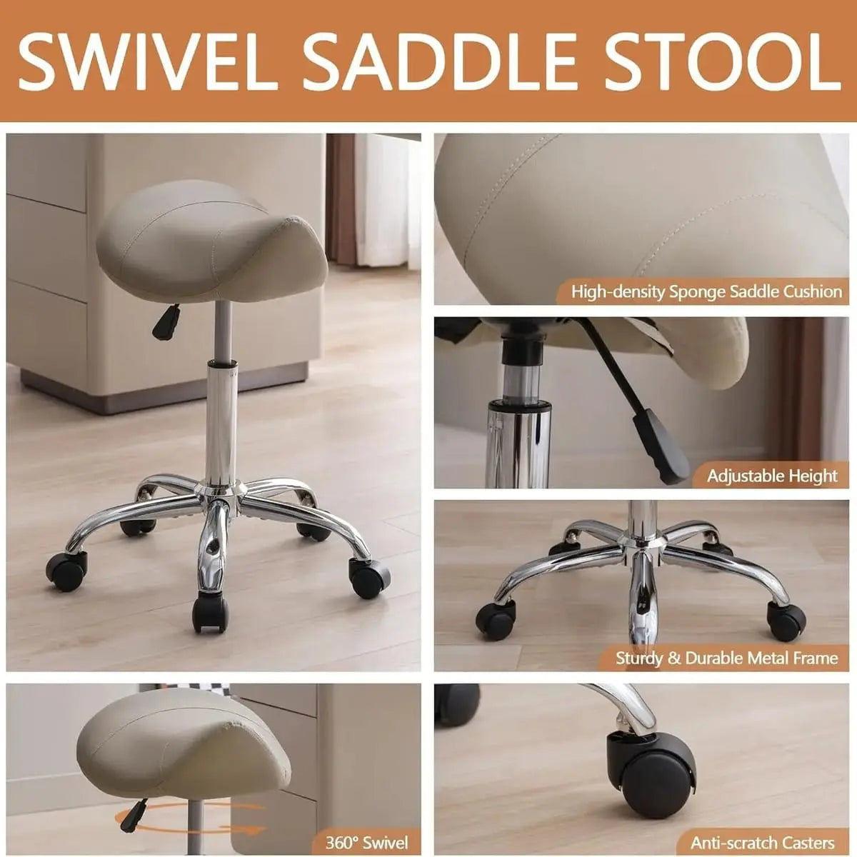 FIRAVOE Ergonomic Adjustable Swivel Saddle Stool with Wheels for Office Salon & Task Comfort FIRAVOE