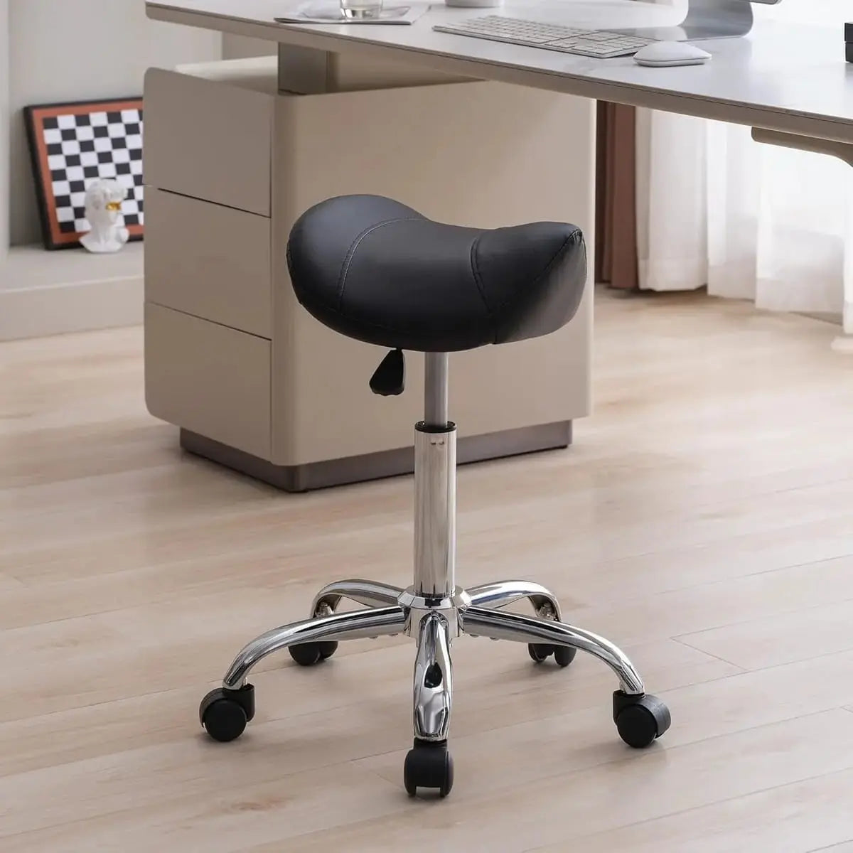 FIRAVOE Ergonomic Adjustable Swivel Saddle Stool with Wheels for Office Salon & Task Comfort FIRAVOE