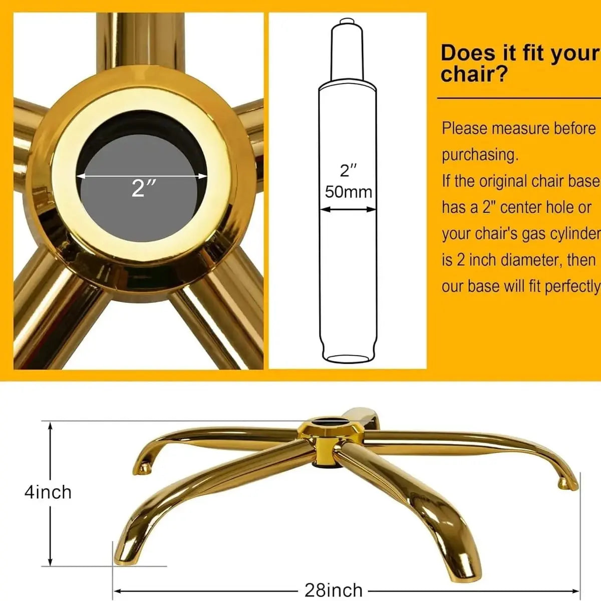 Heavy-duty gold office chair base replacement with wheels by ADS, supports up to 2500 pounds, durable and sturdy.