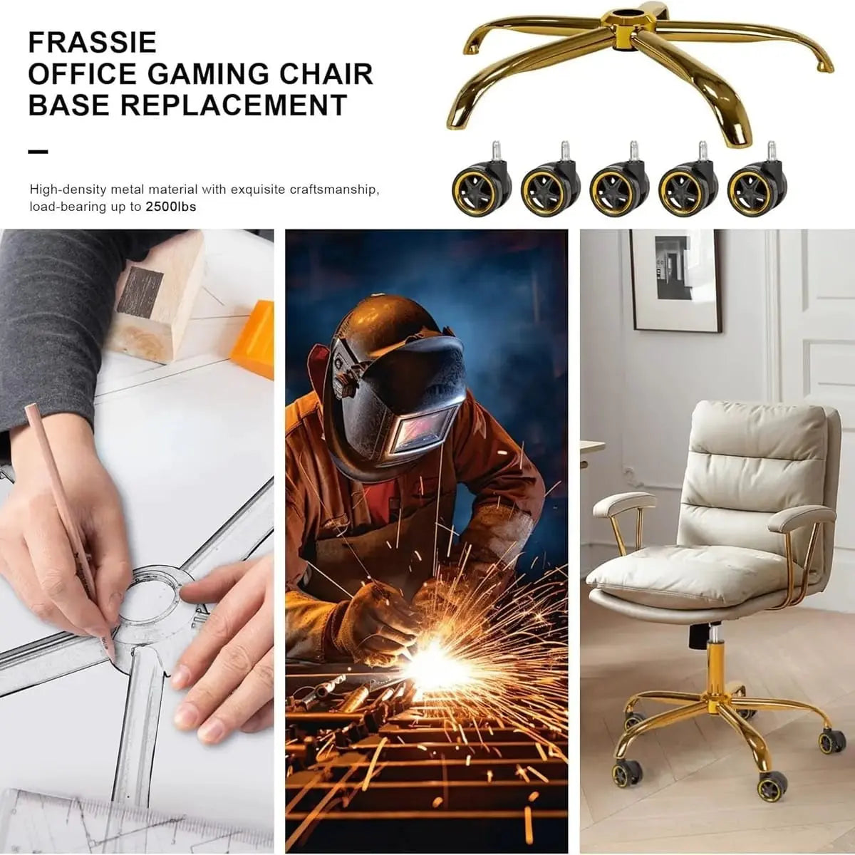 Gold heavy-duty office chair base replacement with wheels, ADS brand, supports up to 2500 lbs, durable and sturdy.