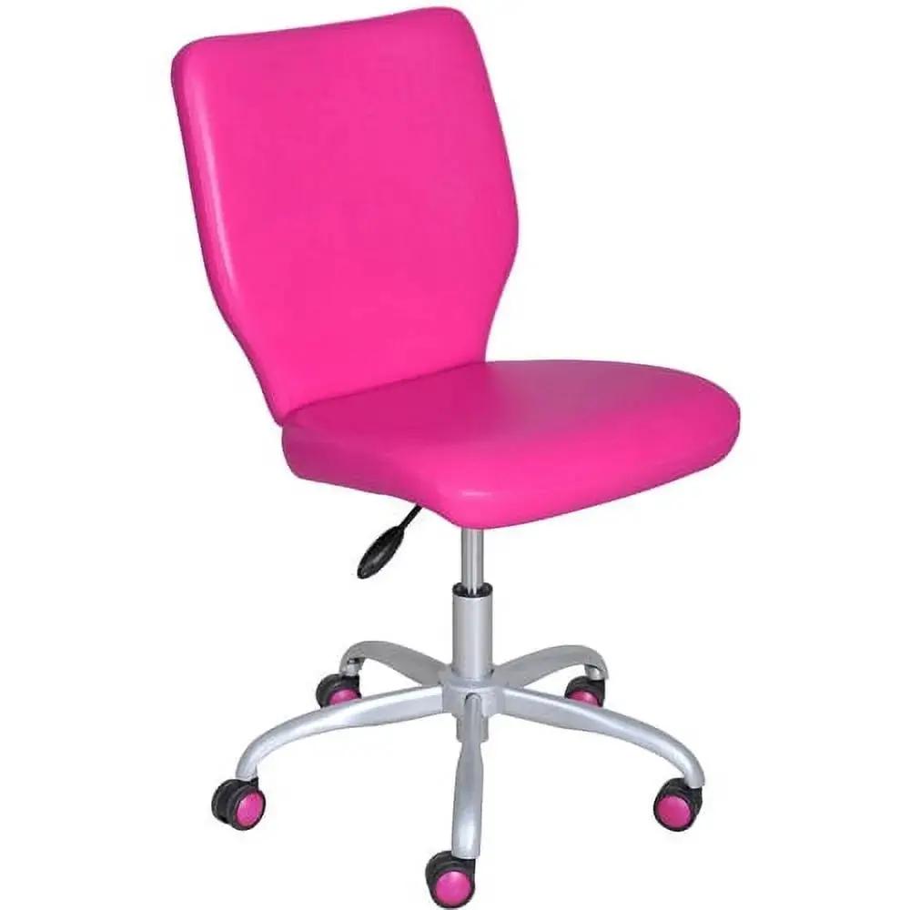 Fuchsia faux leather armless mid-back office task chair by ADS with matching color casters, ergonomic design for office use.