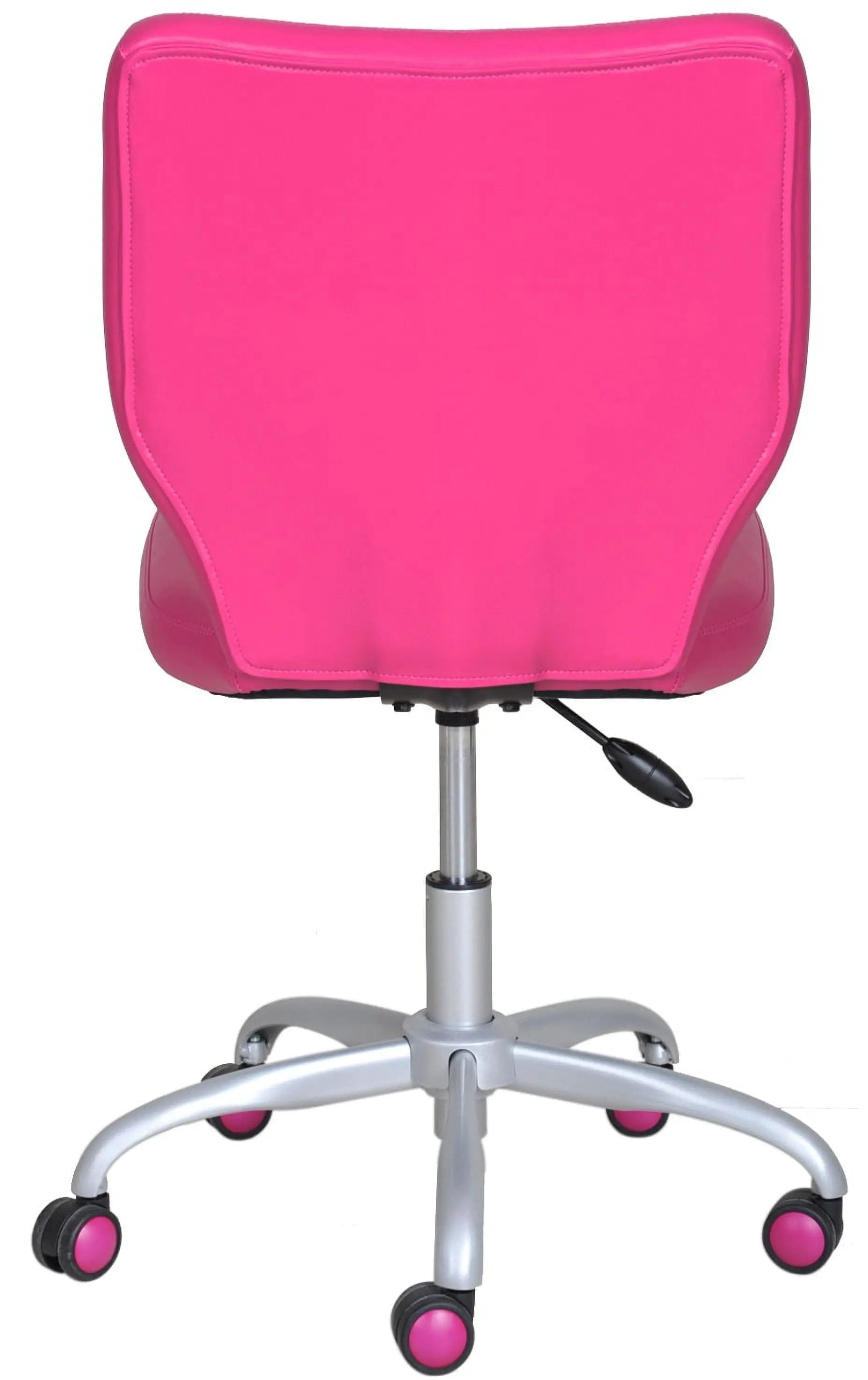 Fuchsia faux leather armless mid-back office task chair with matching color casters, designed for comfortable workspace seating.