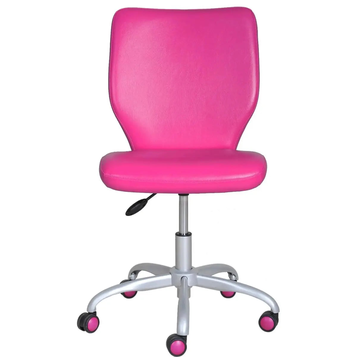 Fuchsia faux leather armless mid-back office task chair with matching color casters by ADS, showing a modern ergonomic design.