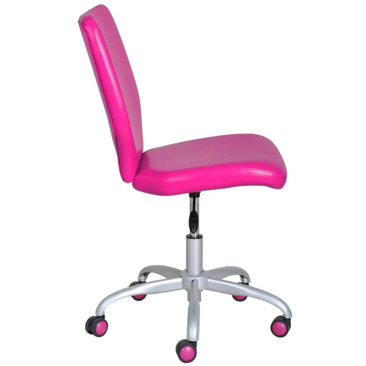 Fuchsia faux leather armless mid-back office task chair with matching color casters by ADS, designed for ergonomic workspace comfort.