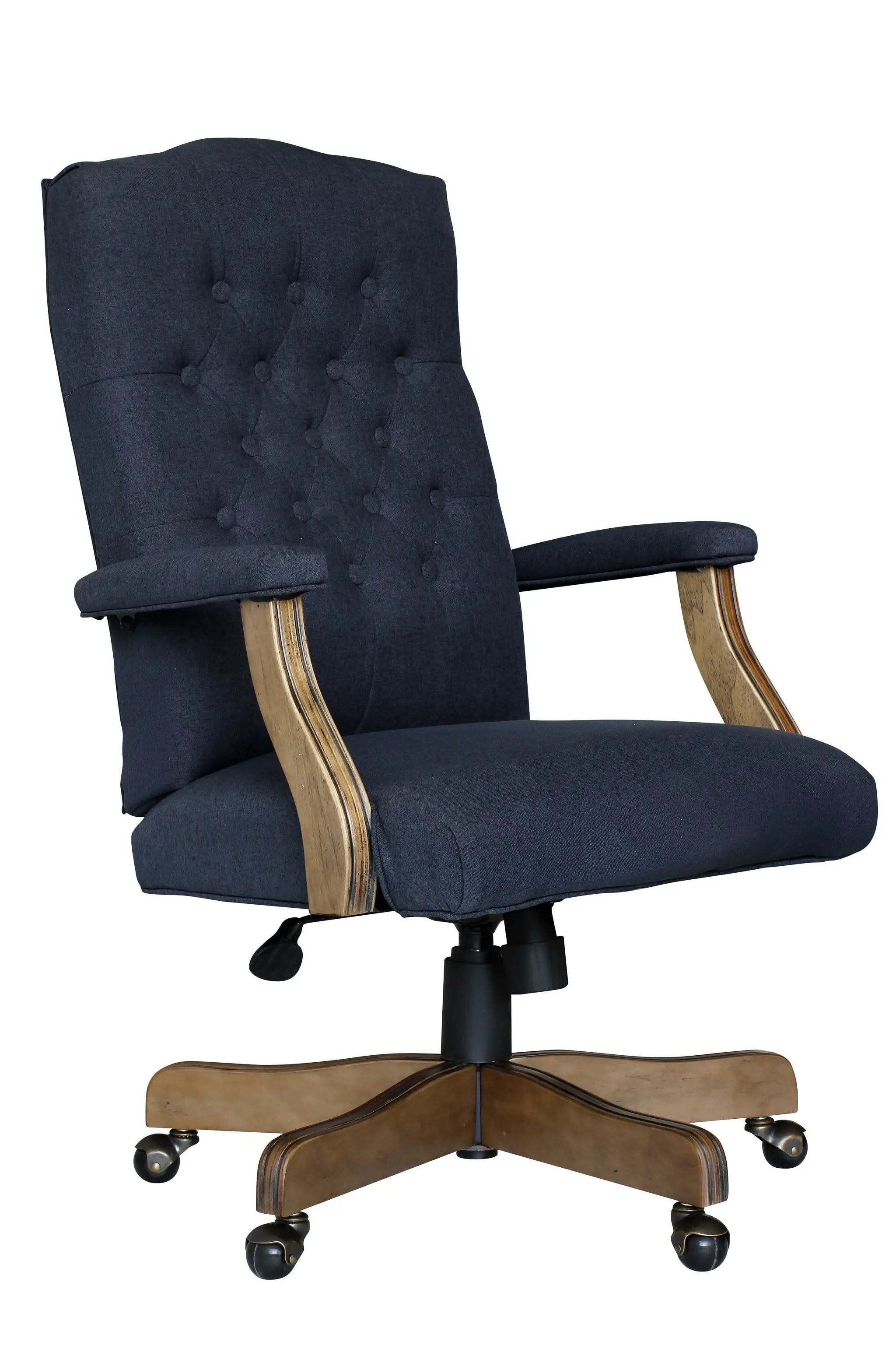 ADS executive denim blue linen desk chair with driftwood finish frame, traditional office chair for professional workspace.