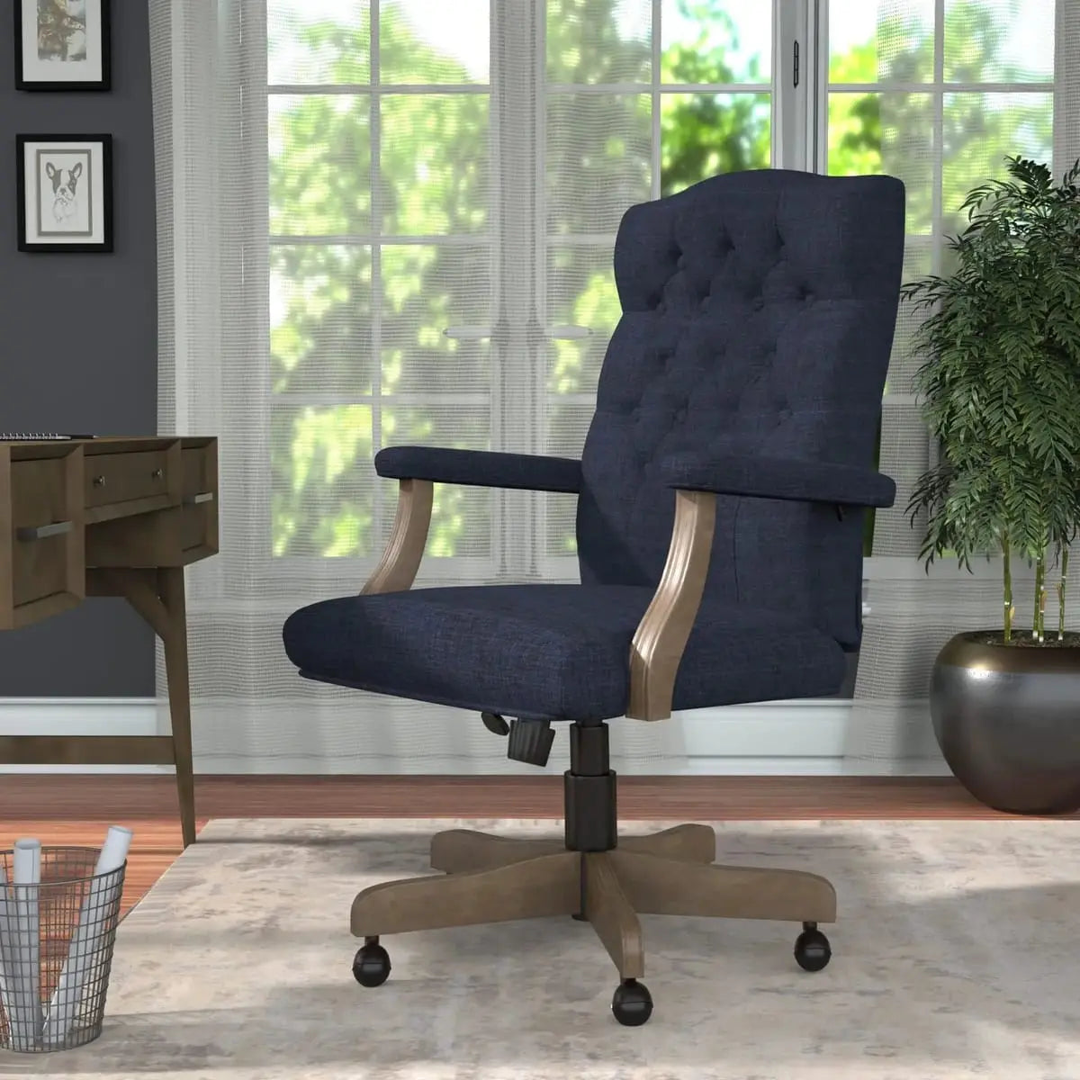 Boss Office Products Executive Denim Blue Commercial Grade Linen Desk Chair with Driftwood Finish Frame ADS