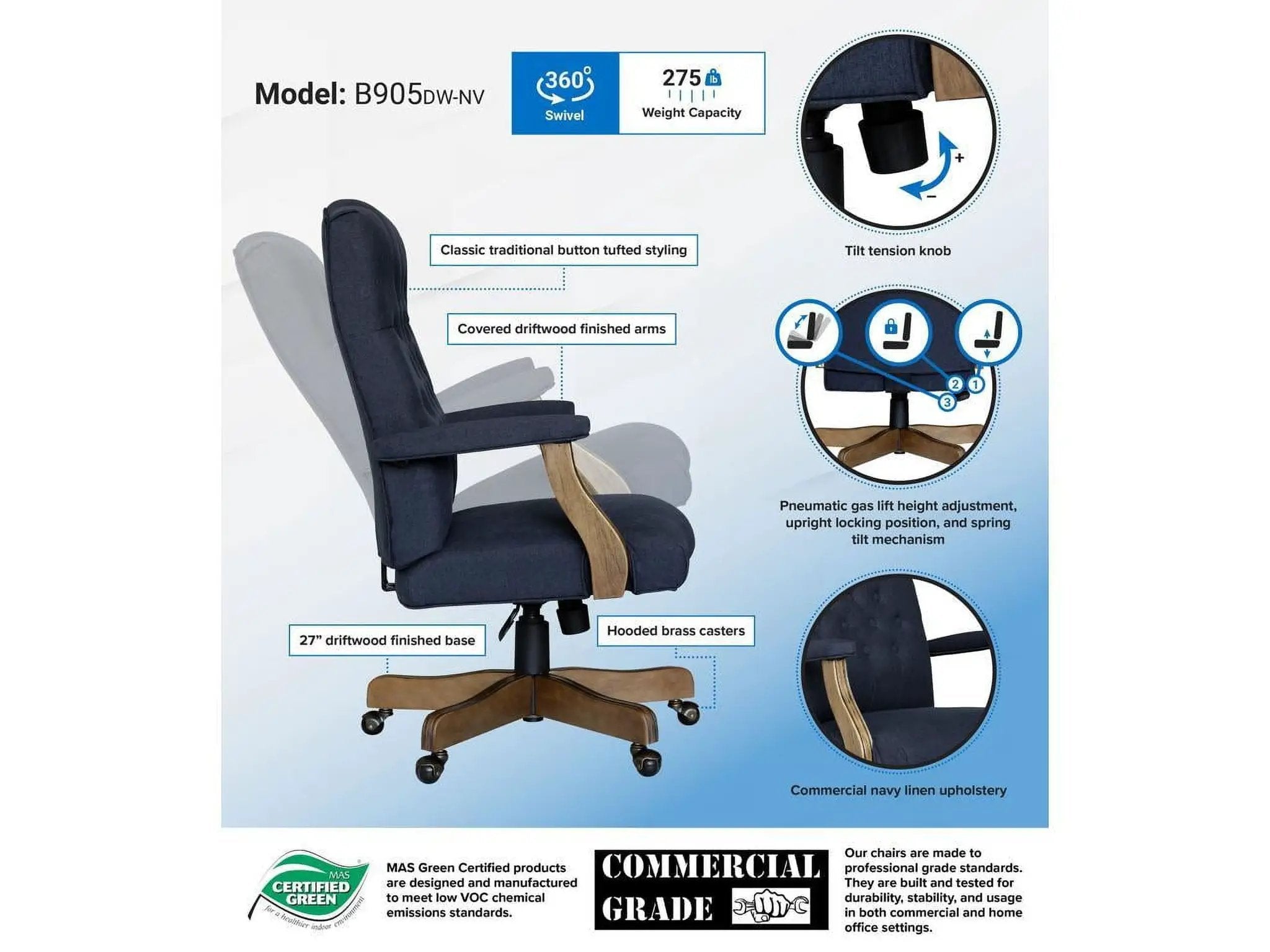 ADS Executive Denim Blue linen desk chair with driftwood-finish wooden frame, traditional office chair for professional workspace.