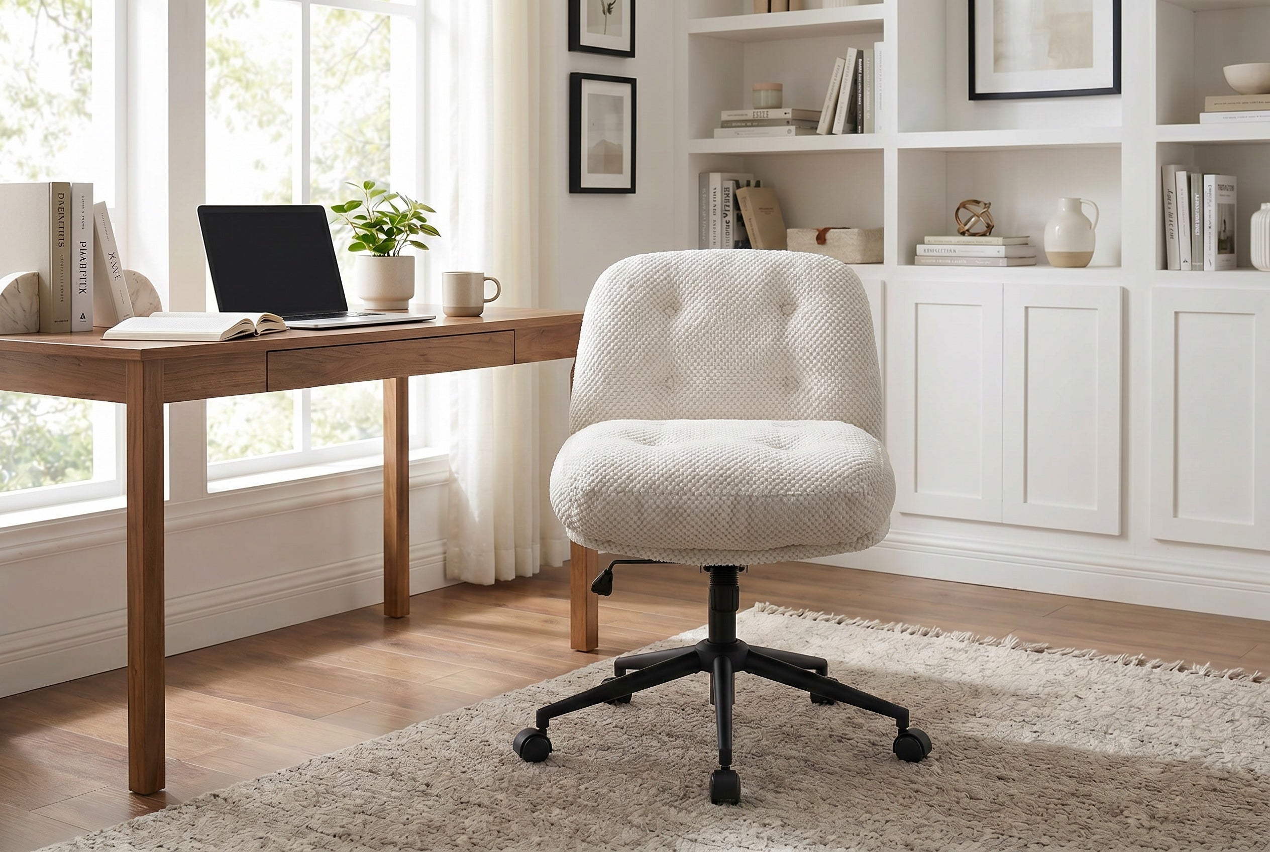 White Cross-Legged Vanity Chair with Swivel Base