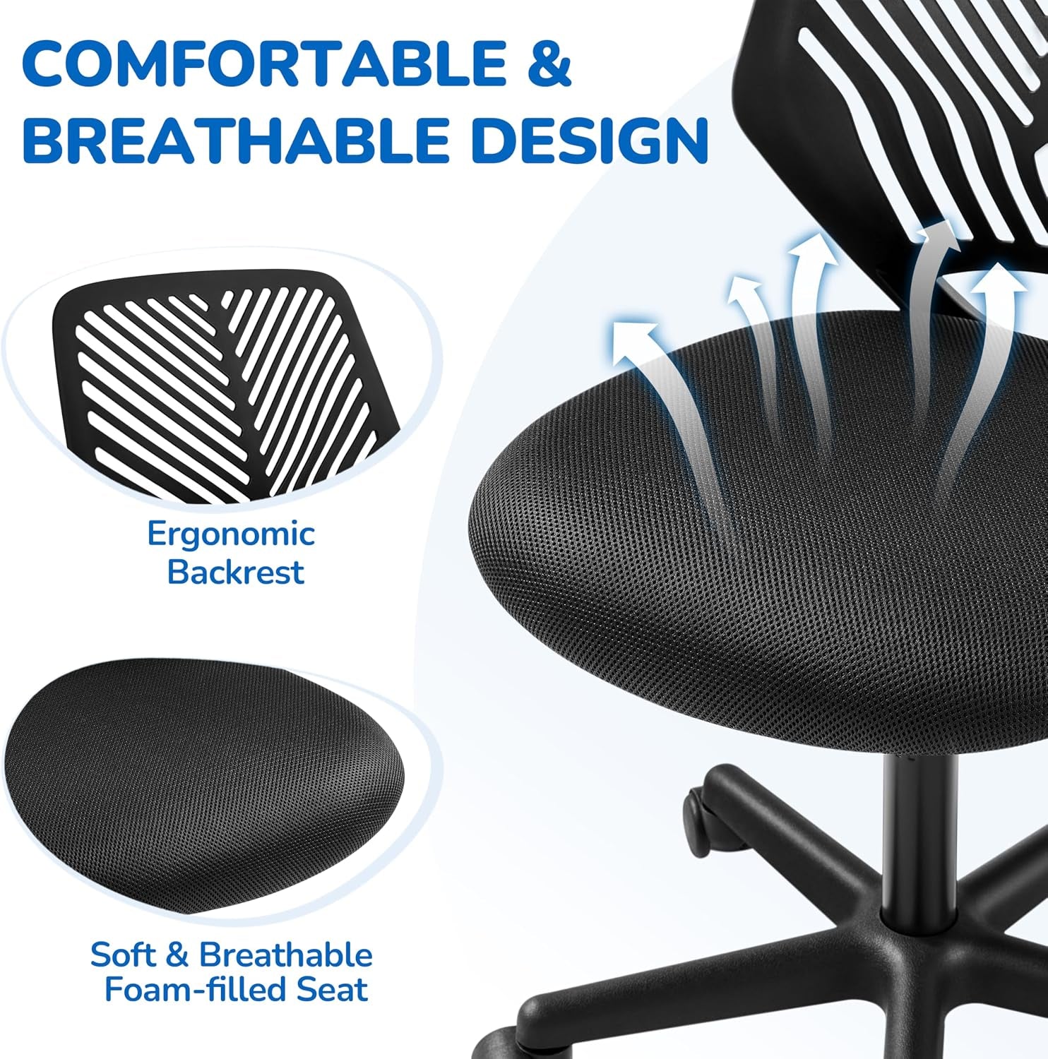 Yaheetech Small Desk Chair, Armless Adjustable Swivel Seat, Black | Padded Mesh Seat and Ventilated Resin Back, Compact Armless Frame Rolls and Adjusts for Study and Small Desks, Holds 300 Lb.
