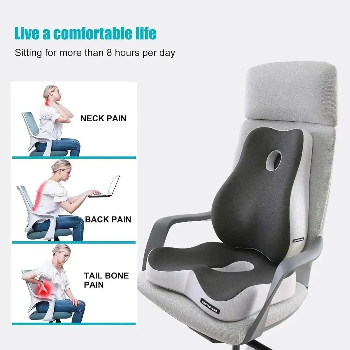 AEX memory foam lumbar back and seat cushion set for office chairs and car seats, providing ergonomic support and comfort.
