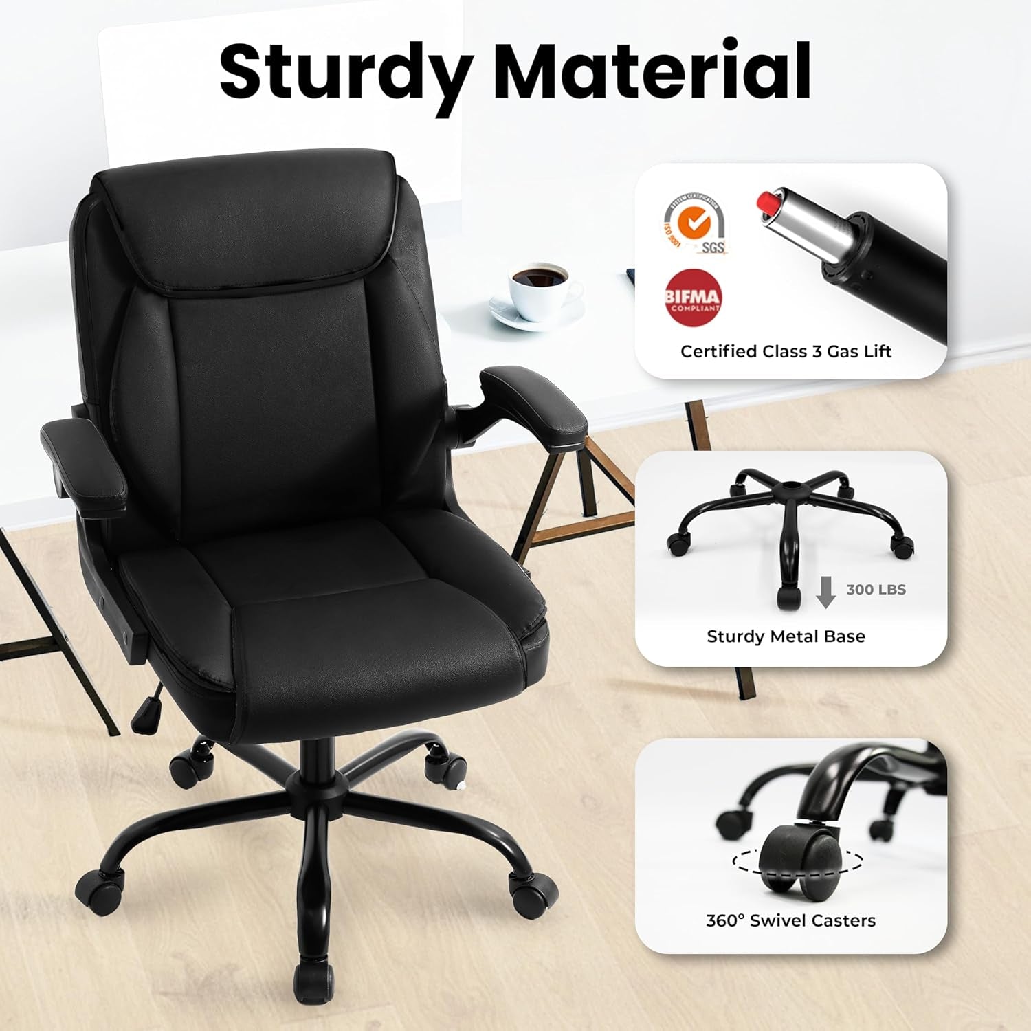 NEO CHAIR PU Leather Office Desk Chair with Adjustable Arms, All Black