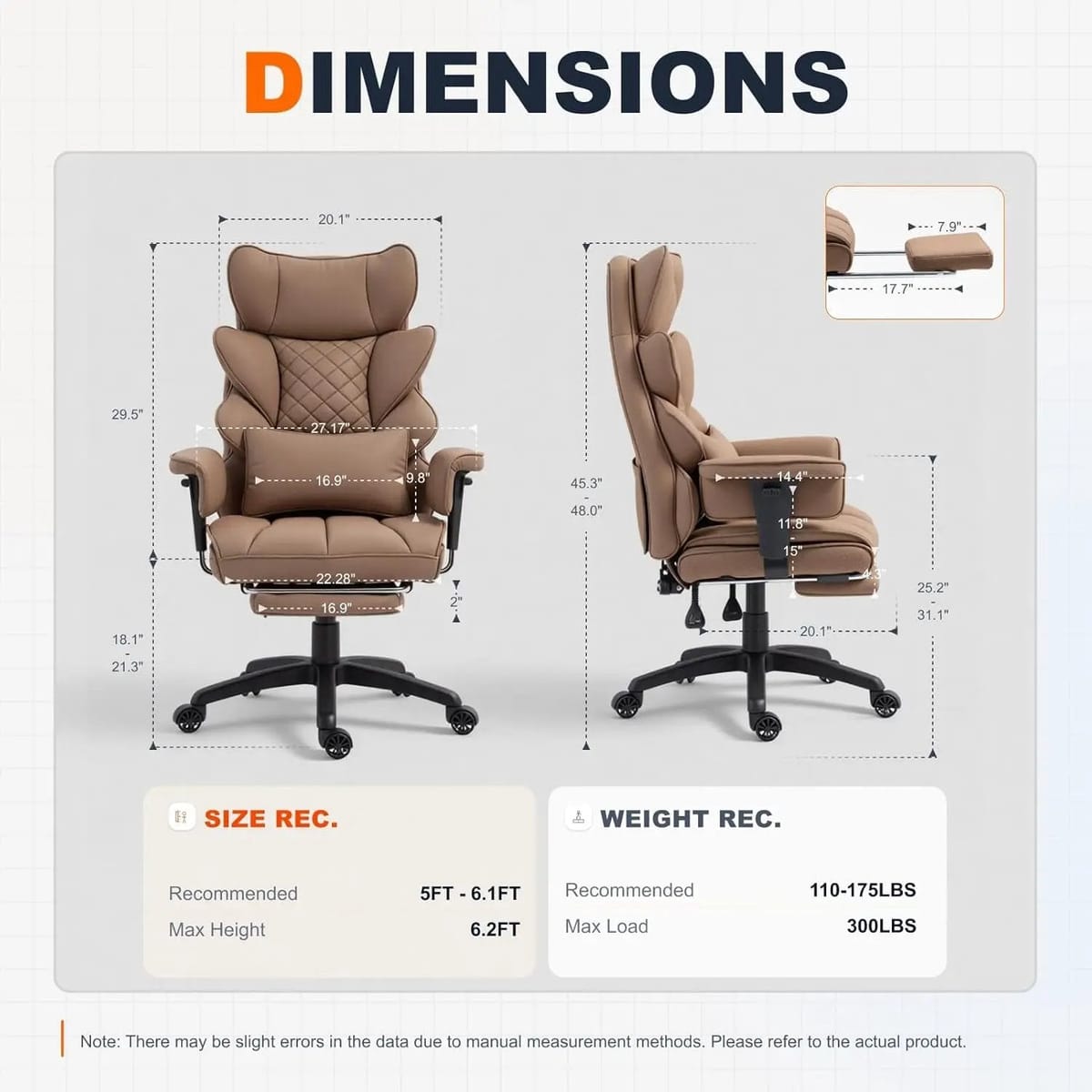 Dowinx big and tall brown office chair with high back, adjustable armrests, lumbar support, footrest, pocket spring cushion, and PU leather.