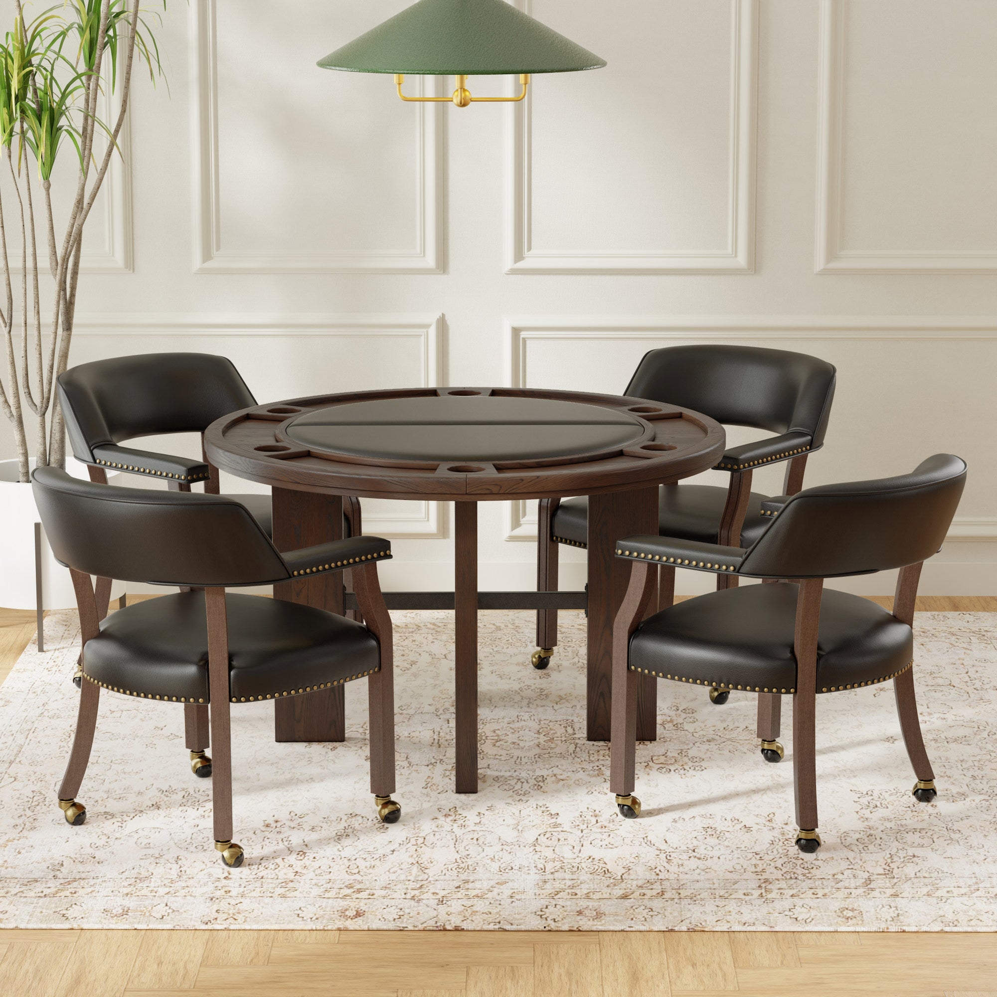 Gorman Walnut and Black Faux Leather Caster Dining and Game Chair - game room set lifestyle