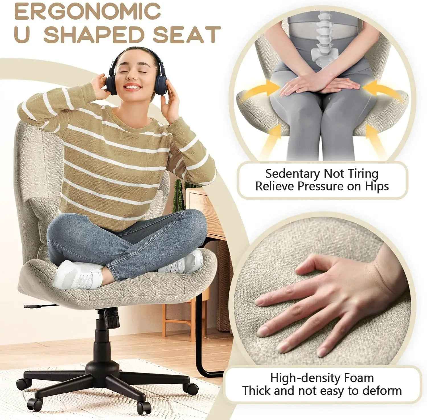 ZZW Criss Cross Chair with Wheels, Wide Cross Legged Office Chair Armless Comfy Desk Chair with Tall Back Vanity Chairs with Stress Relief Curved Design Seat for Bedroom & Office & Home Oatmeal