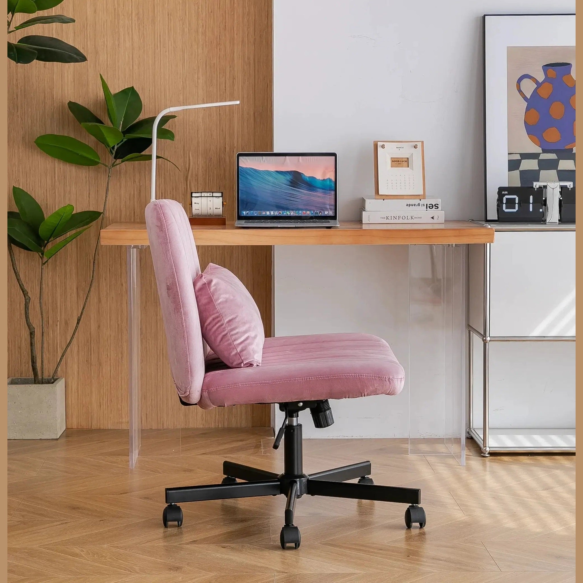 Light Pink Velvet Criss Cross Armless Office Chair With Wheels Makeup by Platinum-Level Office Chairs
