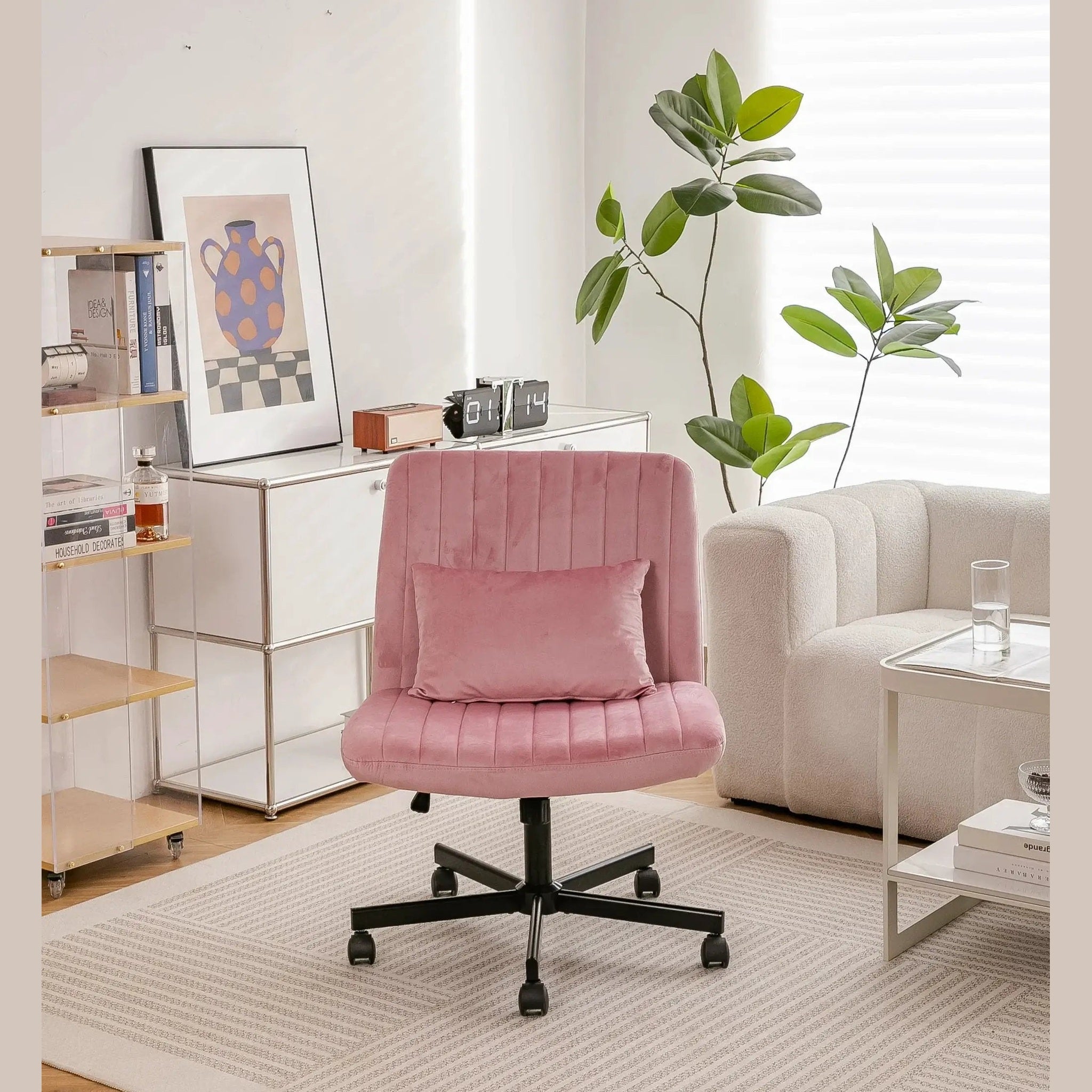Light Pink Velvet Criss Cross Armless Office Chair With Wheels Makeup by Platinum-Level Office Chairs