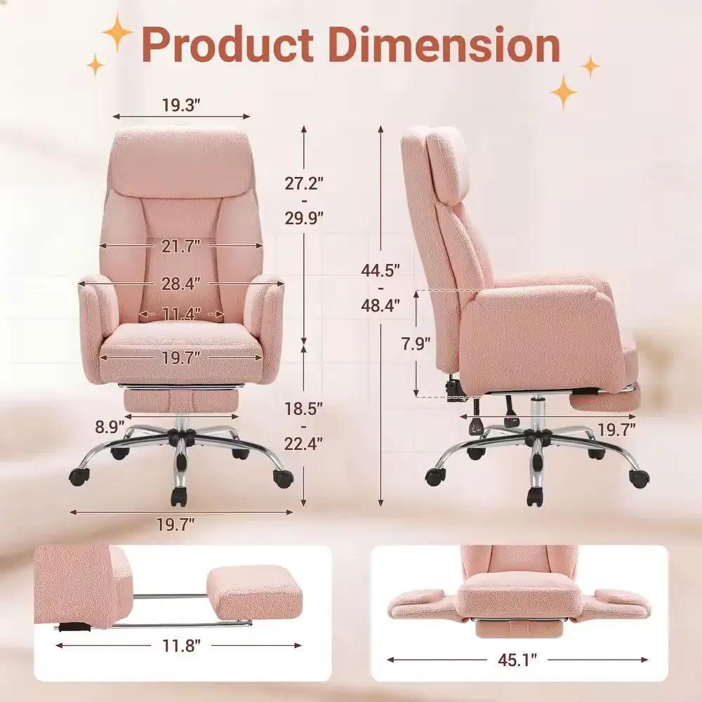 Big and Tall Teddy Fabric Footrest with Flip Armrests Office Chair in Pink, Cross Legged Computer Desk Chair