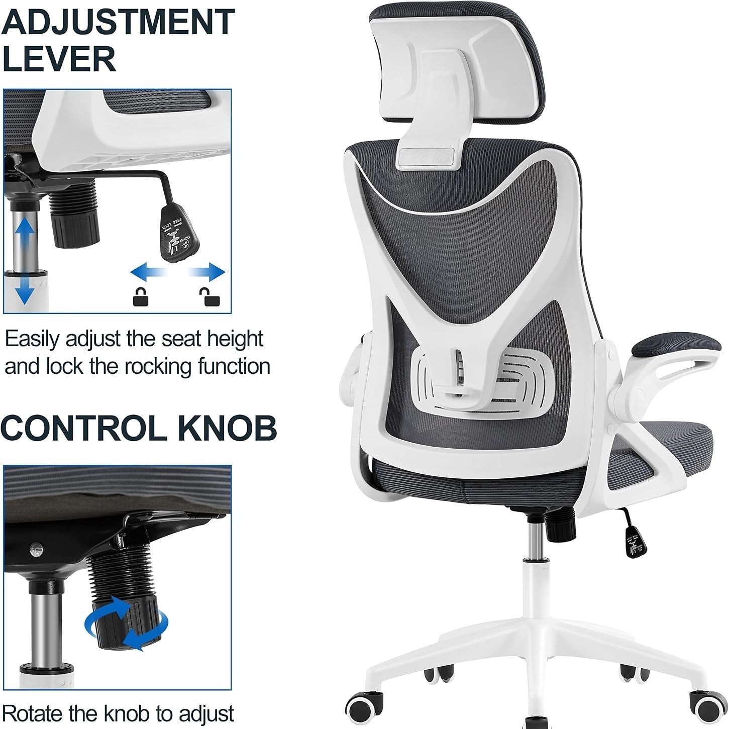 Yaheetech Ergonomic Office Chair with Headrest, Lumbar Support, White/Gray | Breathable Mesh High-Back Adjustable Headrest, Padded Seat, and Flip-Up Armrests Supports Your Back and Neck, Holds 300Lb