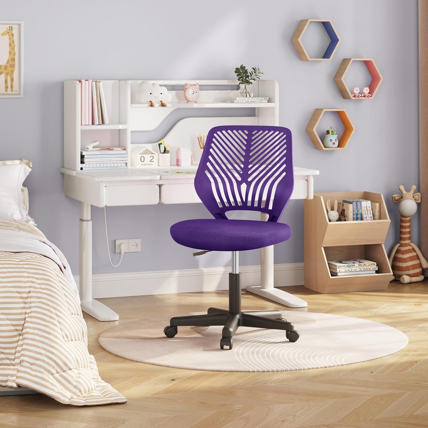 Yaheetech Student Desk Chair, Low-Back Armless Study Chair with Lumbar Support, Adjustable Swivel Office Chair for Home Bedroom School, Purple