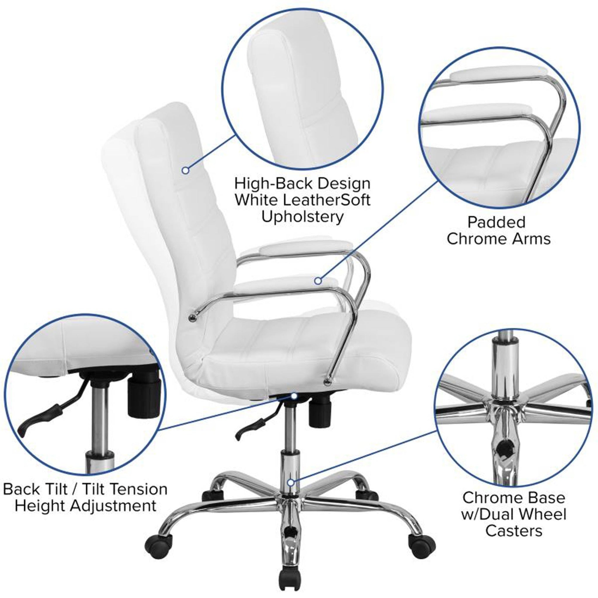 Whitney High Back White LeatherSoft Executive Office Chair with Chrome Frame