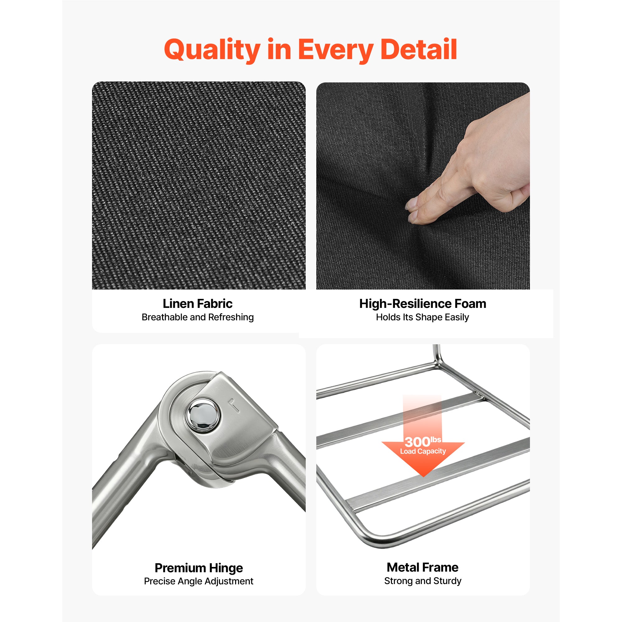 Black Folding Floor Chair - linen fabric, foam, hinges and metal frame details