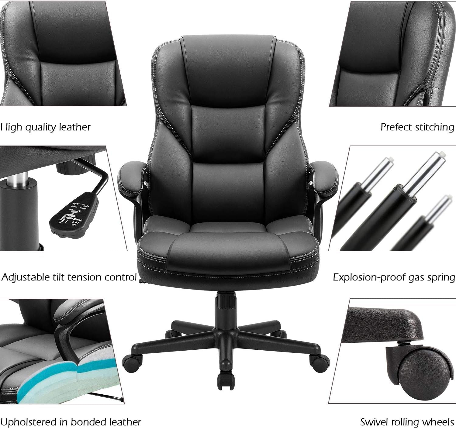 Furmax Office Executive Chair High Back Adjustable Managerial Home Desk Chair, Swivel Computer PU Leather Chair with Lumbar Support (1, Black)