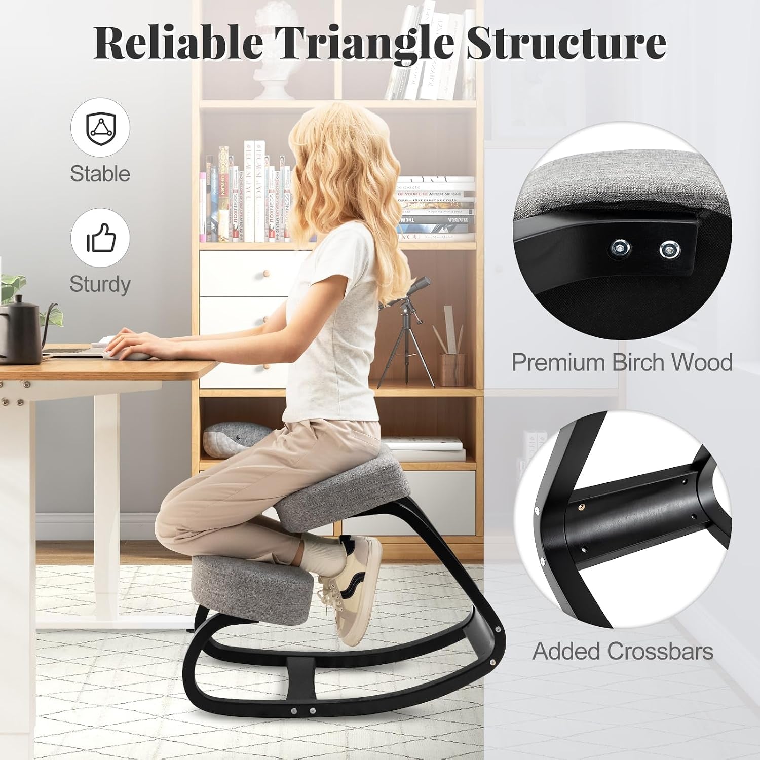 GIANTEX Ergonomic Kneeling Desk Chair, Upright Posture Chair with Cushion & Solid Wood Frame, Natural Relief for Neck or Back Pain, Wooden Knee Chair for Home Office (1)